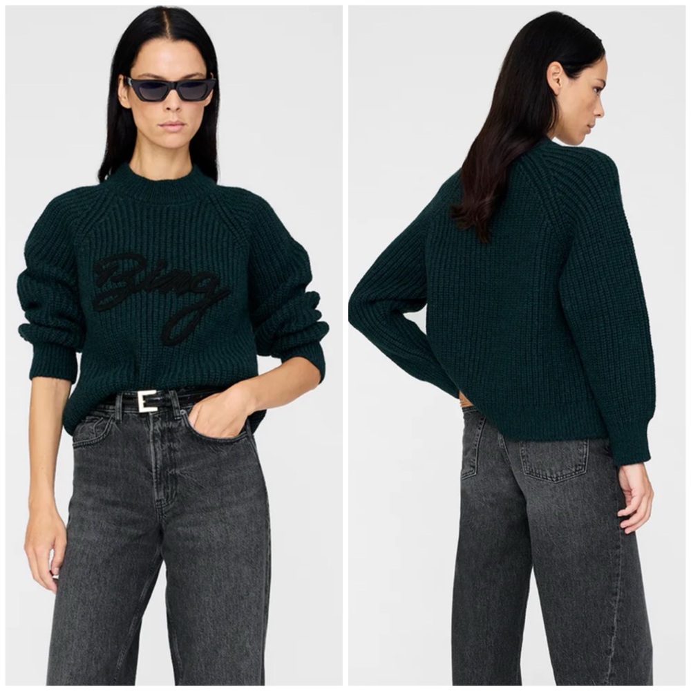 NWT Anine Bing Kendrick Sweater Logo Dark Teal SZ XS - Picture 1 of 8